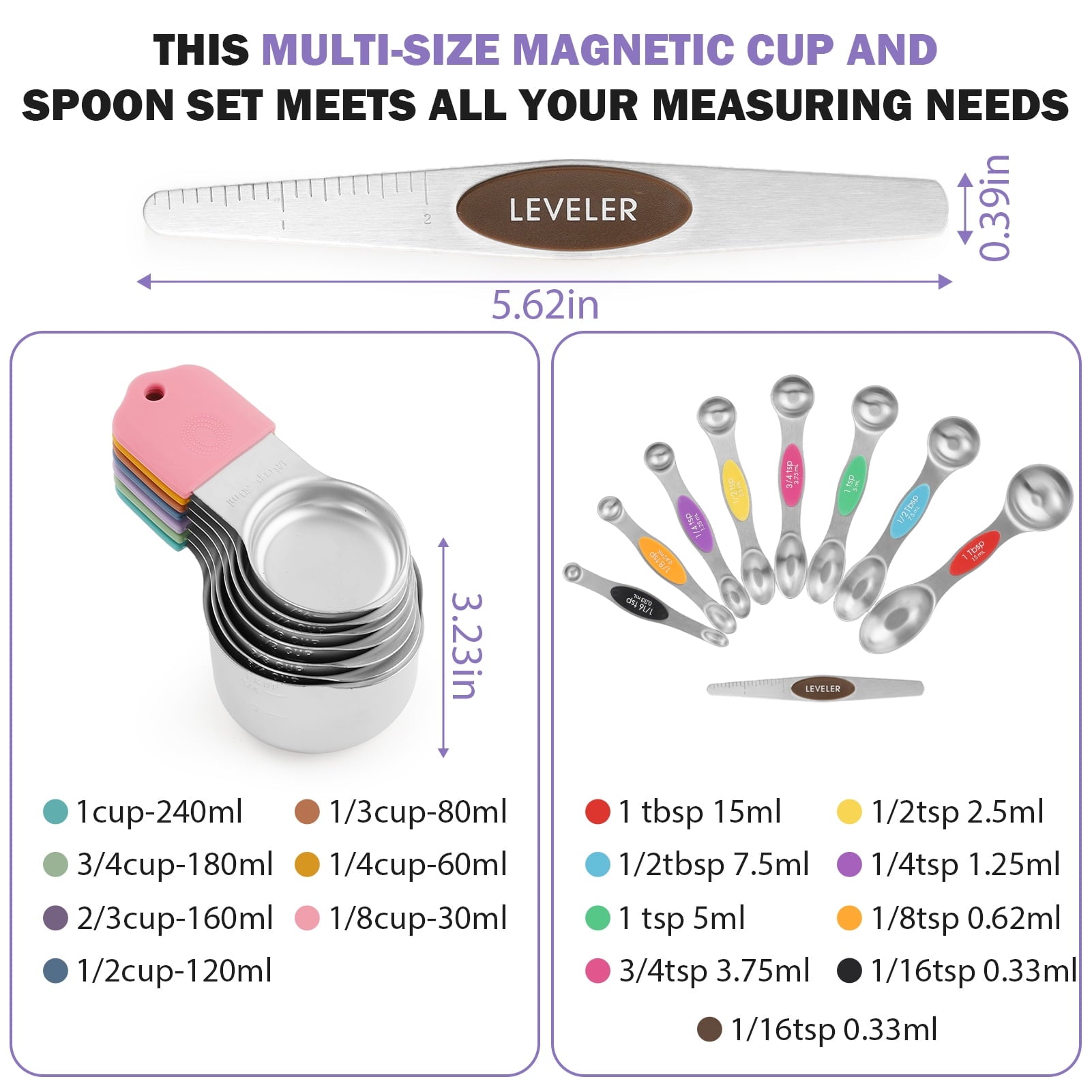 16 Piece Magnetic Measuring Cups and Spoons Set, Stainless Steel Nesting Metal Measuring Cups Set with Leve...