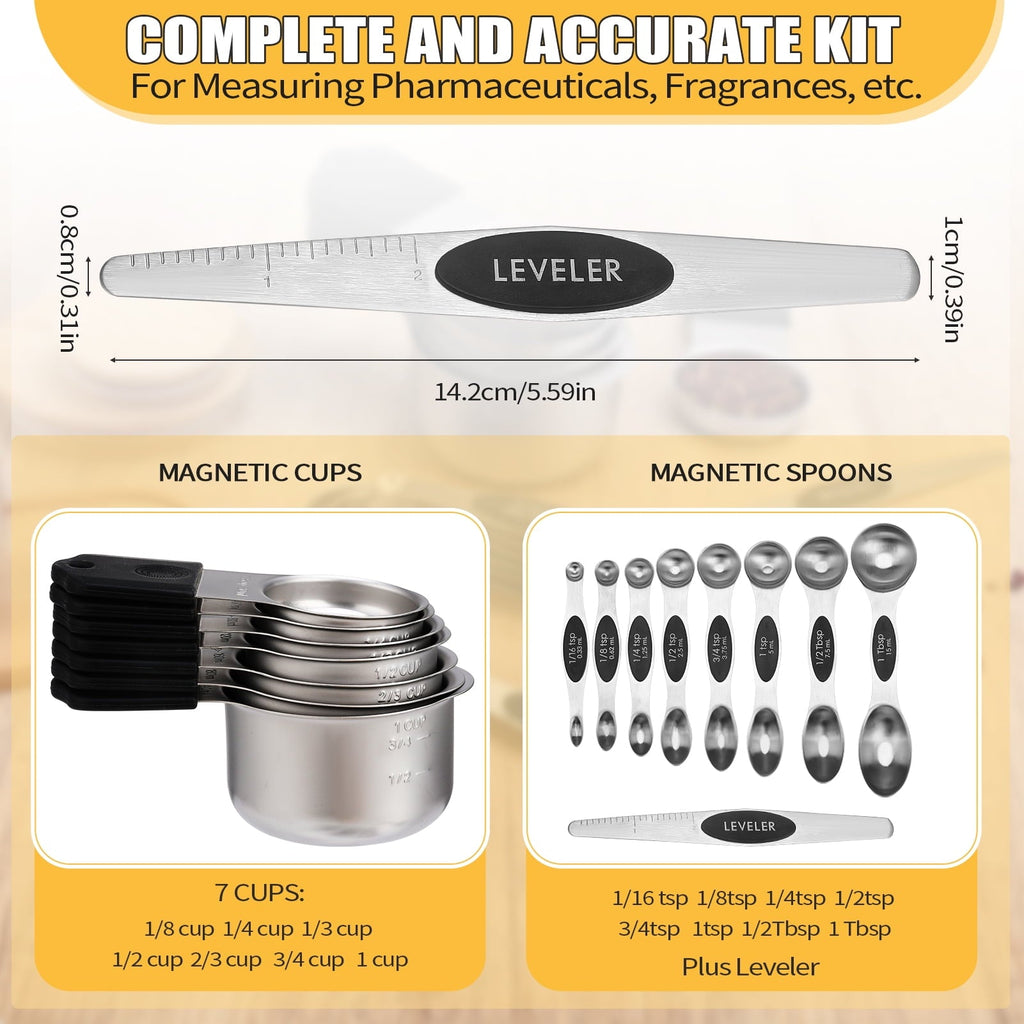 15-Piece Magnetic Measuring Cups & Spoons Set, Stainless Steel with N45 Magnets, Fits Spice Jars for Baking &...