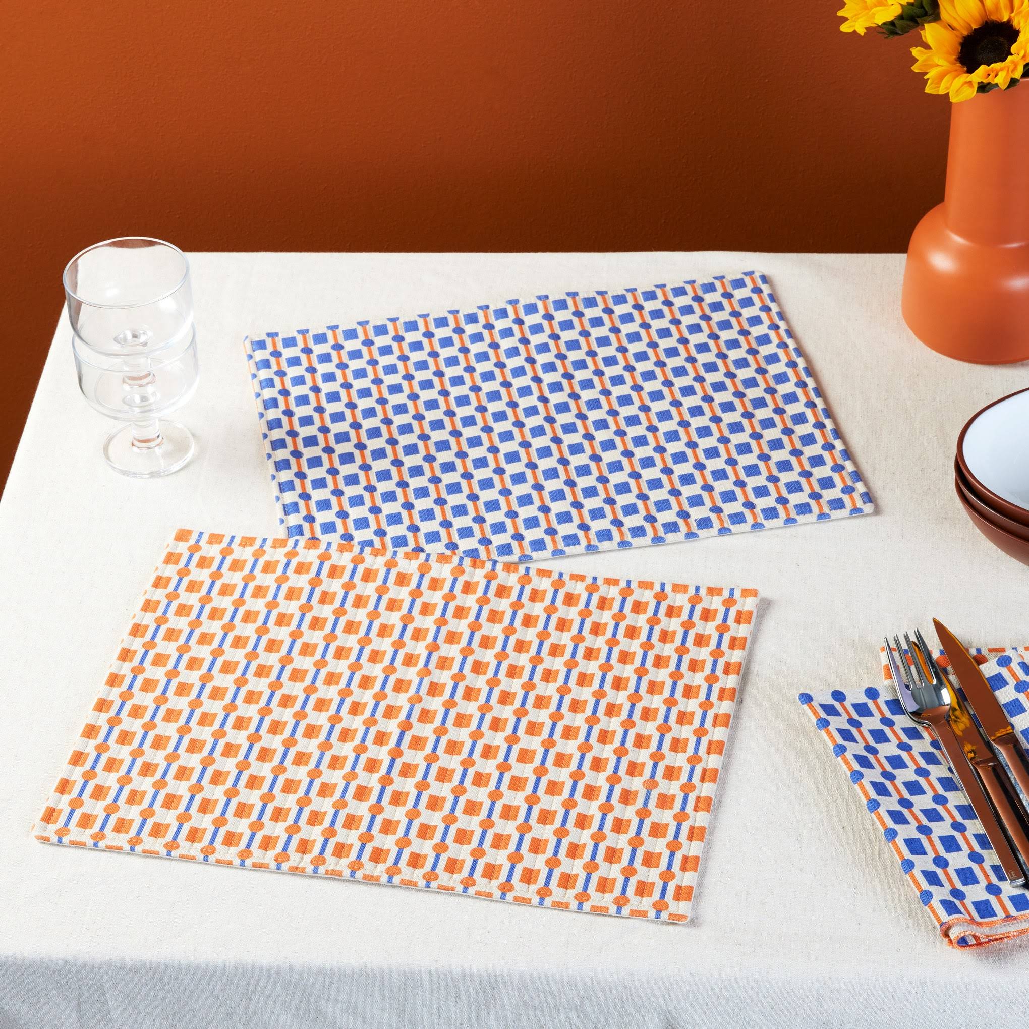 Geometric Cotton &amp; Linen Placemats - Set of 2 - Orange/ Blue