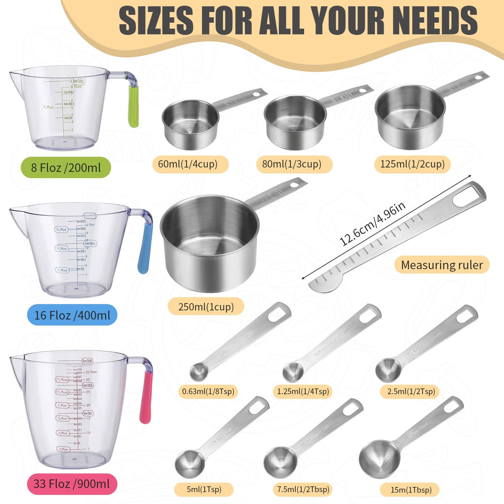 14-Piece Measuring Cups and Spoons Set, Nesting Stainless Steel Measuring Cups Spoons with Plastic Measuring Cup for ...