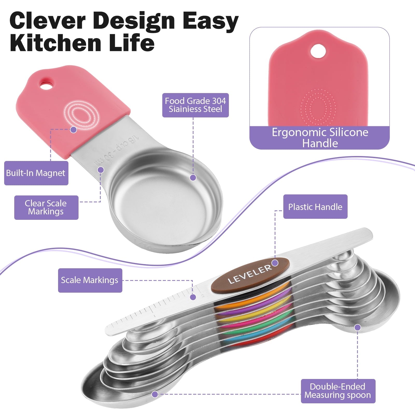 16 Piece Magnetic Measuring Cups and Spoons Set, Stainless Steel Nesting Metal Measuring Cups Set with Leve...
