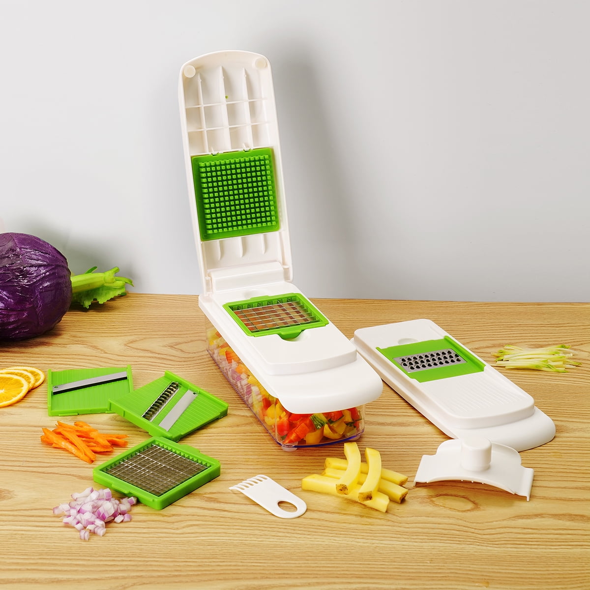 11 Pieces Multi-Function Nice Dicer and Mandoline, Stainless Steel, Green Glaze, 820g
