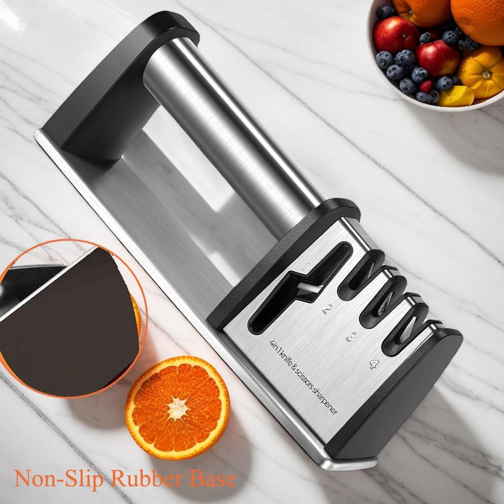 4-in-1 Professional Knife and Scissors Sharpener, Manual Kitchen Sharpening Tool, 8.5 Inch Length