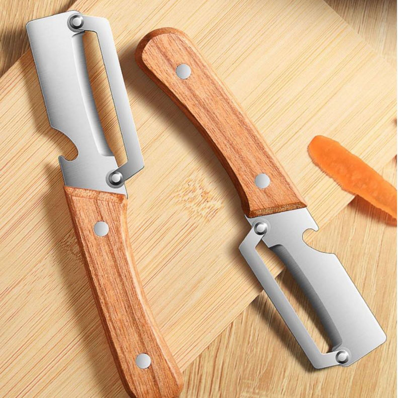 Vegetable Peeler with Wooden Handle, Thickened Stainless Steel Potato Peeler with Bottle Opener, Ergo...