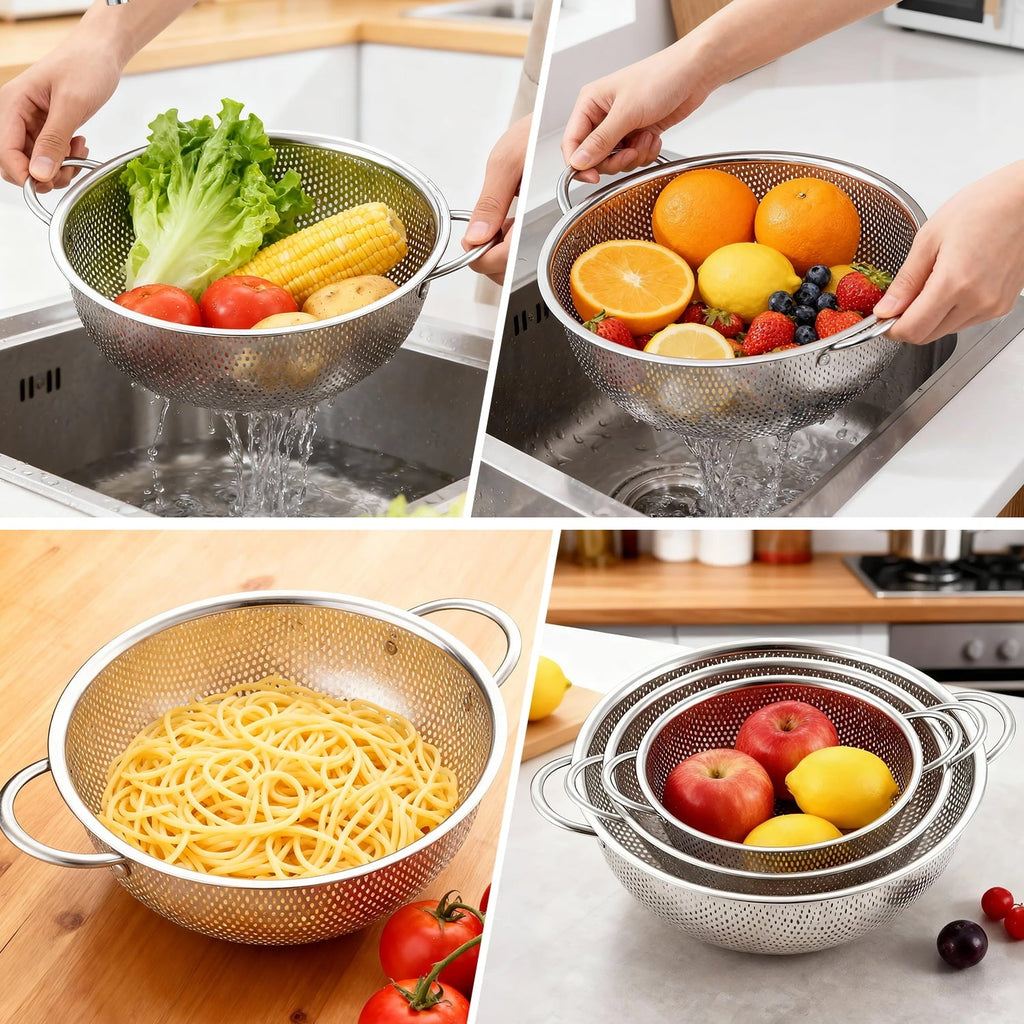 Colander Set of 3, Stainless Steel Micro-Perforated Colanders Strainers for Draining Rinsing Washing, Ideal for Pasta...