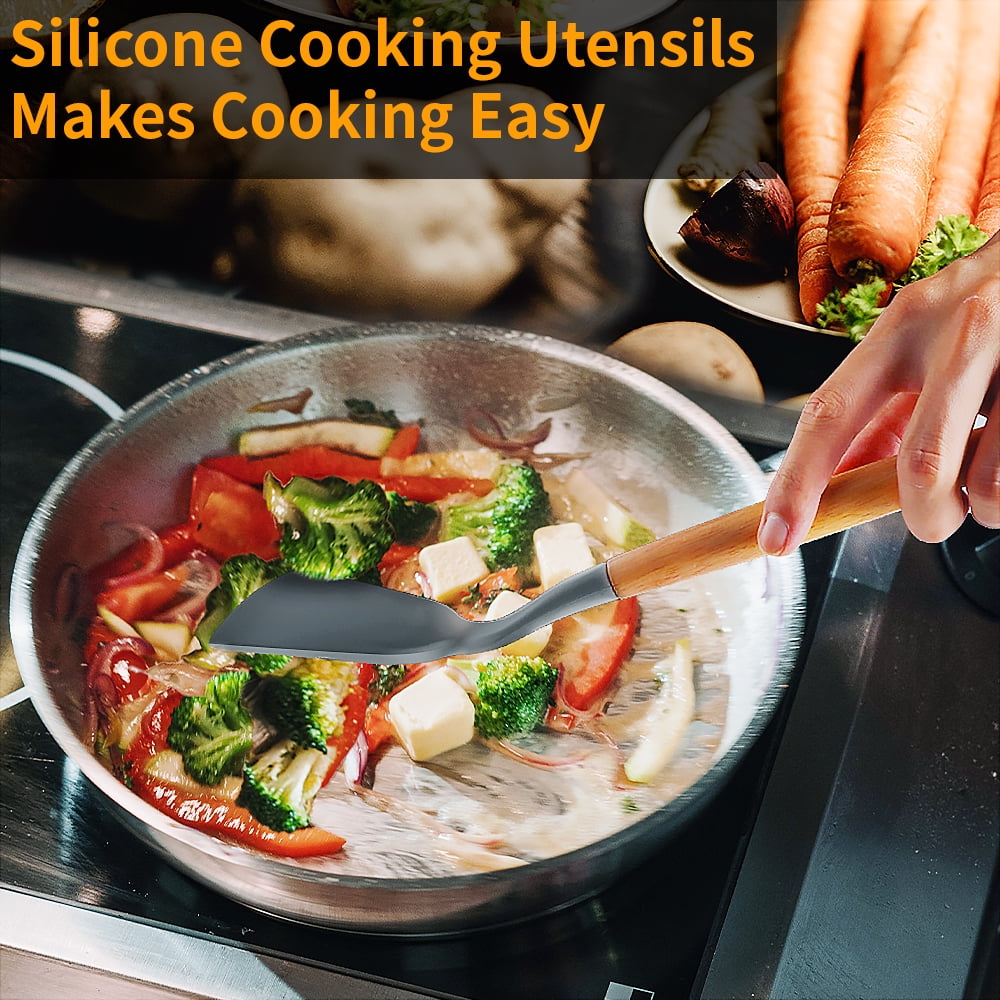Silicone Wooden Heat Resistant Kitchen Utensil Set, 12 pcs