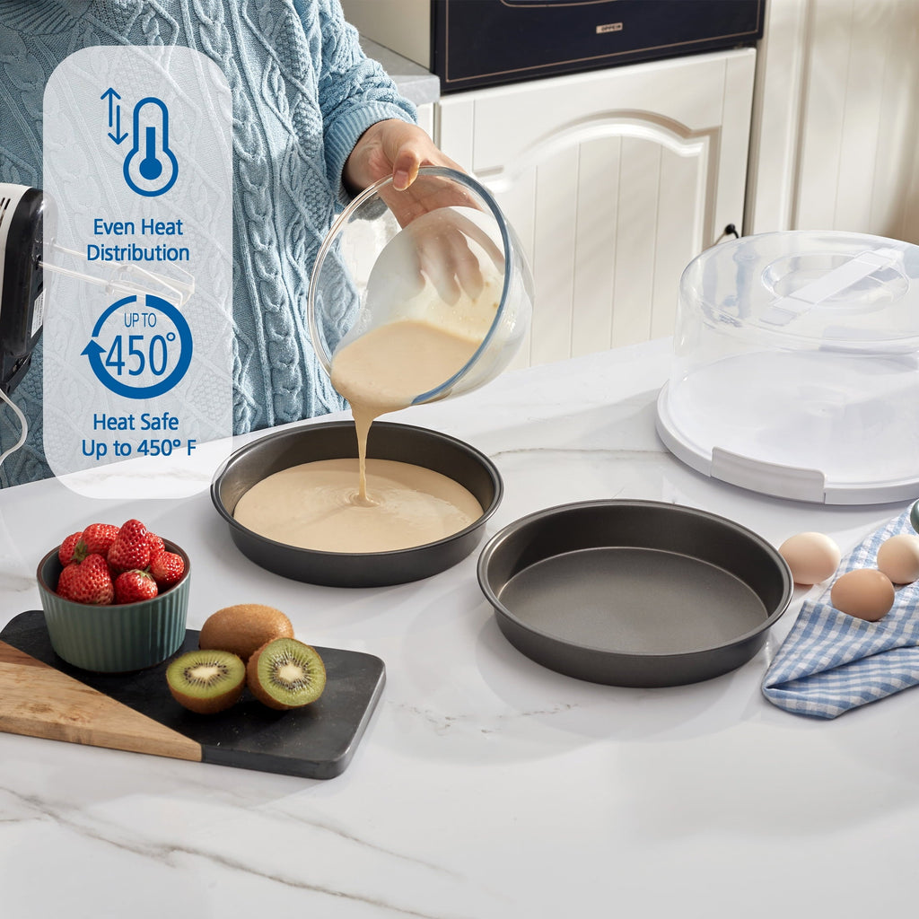 12 inch Clear Cake Carrier with 2pk 9 inch Gray Round Pans, Carbon Steel