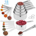18-Piece Stainless Steel Measuring Cups and Spoons Set,5 Stainless Steel Nesting Measuring Cups & 6 Spoons,1 L...