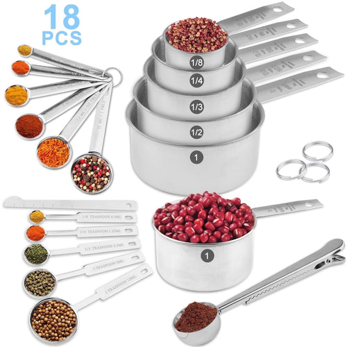 18-Piece Stainless Steel Measuring Cups and Spoons Set,5 Stainless Steel Nesting Measuring Cups & 6 Spoons,1 L...