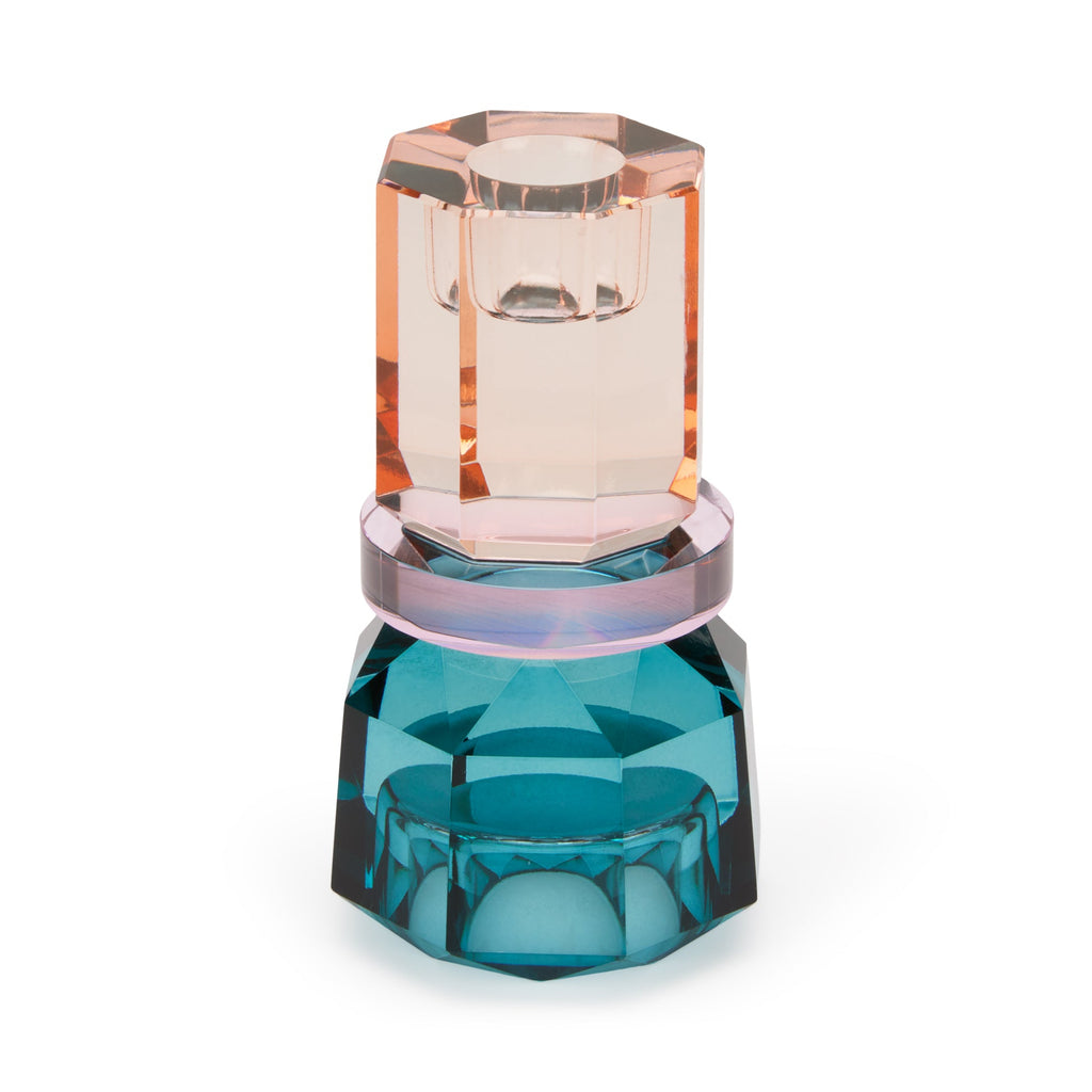 Faceted Crystal Candle Holder - Petrol/ Pink/ Peach