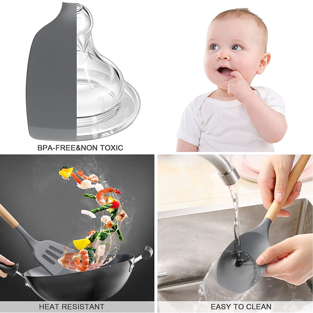 Silicone Cooking Utensils Set, 446°F Heat Resistant Wooden Handle Cooking Kitchen Utensils Spatula Set with Holder fo...