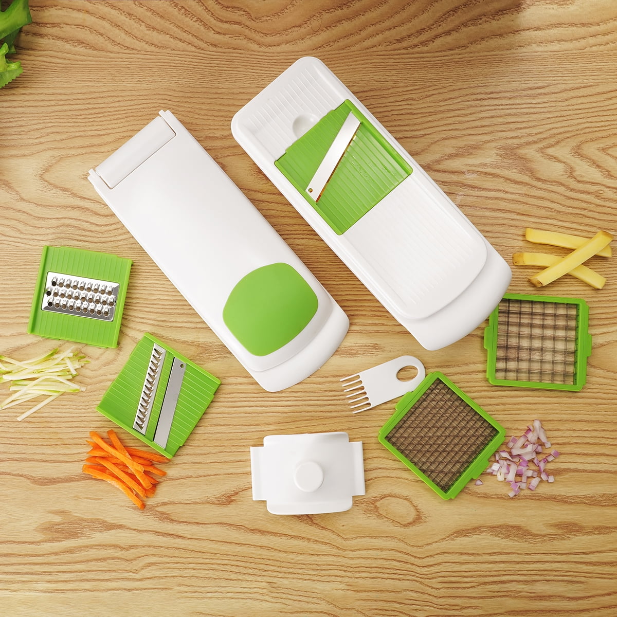 11 Pieces Multi-Function Nice Dicer and Mandoline, Stainless Steel, Green Glaze, 820g
