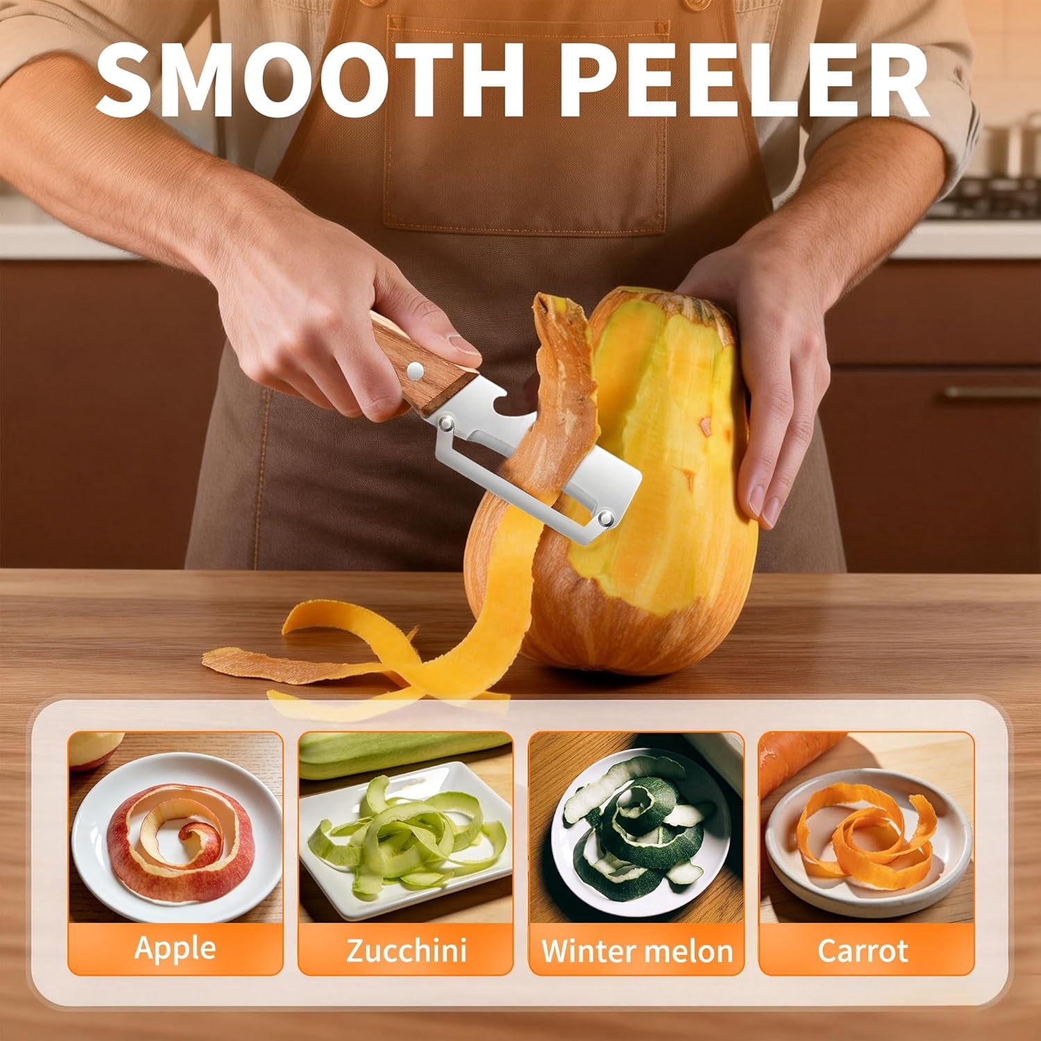 Vegetable Peeler for Kitchen, Stainless Steel Blade with Wooden Handle and Built-In Bottle Opener, f...