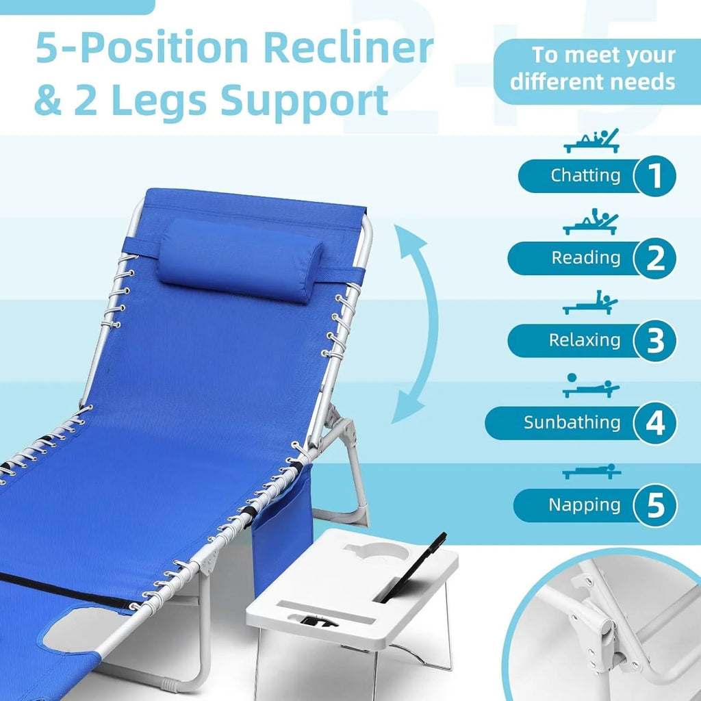 3-in-1 Outdoor Sun Tanning Lounge Chair with Face Hole 5-Position Recliner, Folding Side Table &amp; Removable Pillow, 330lbs Capacity, Blue