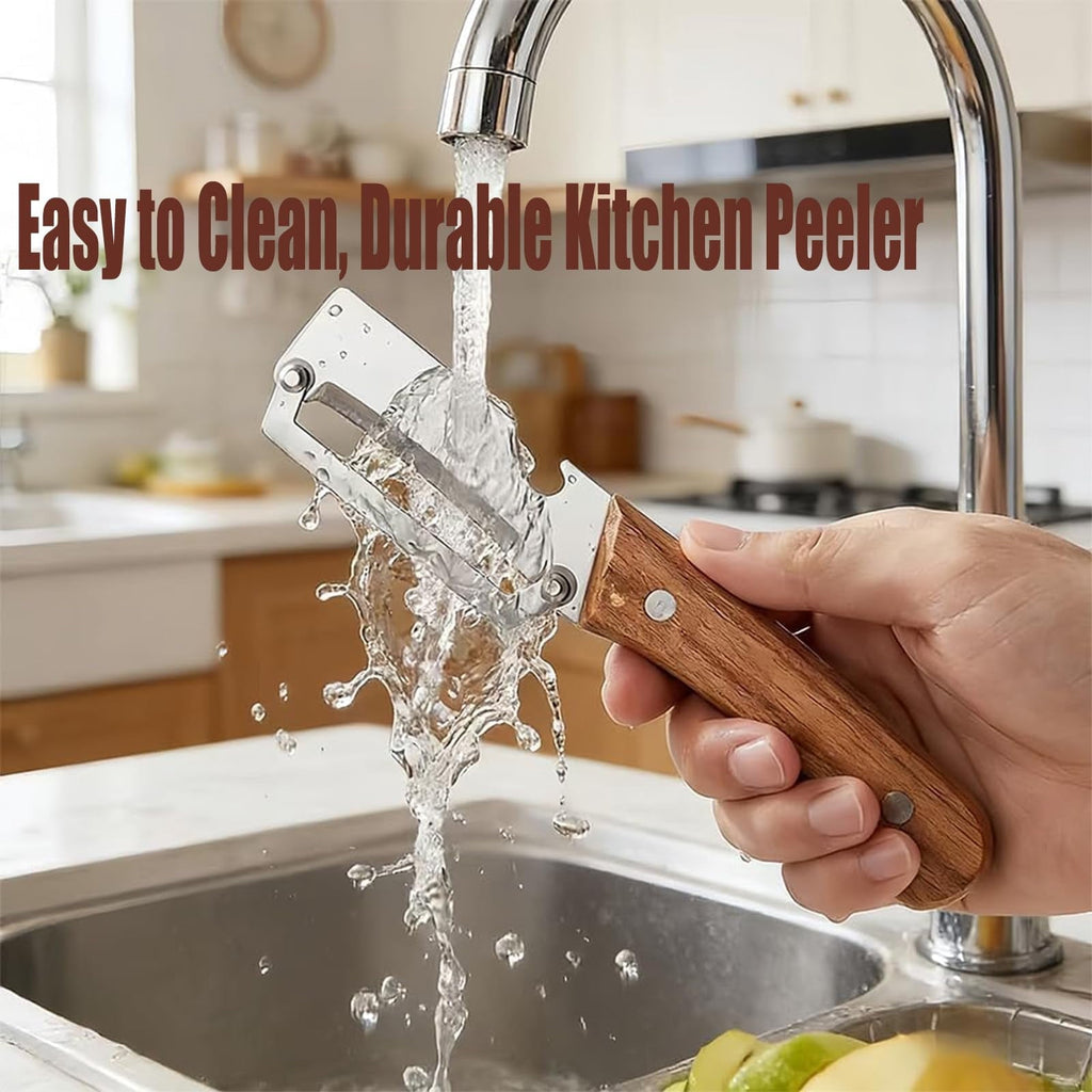Vegetable Peeler 2-in-1 with Stainless Steel Blade and Non-Slip Wooden Handle for Fruits, Vegetables...