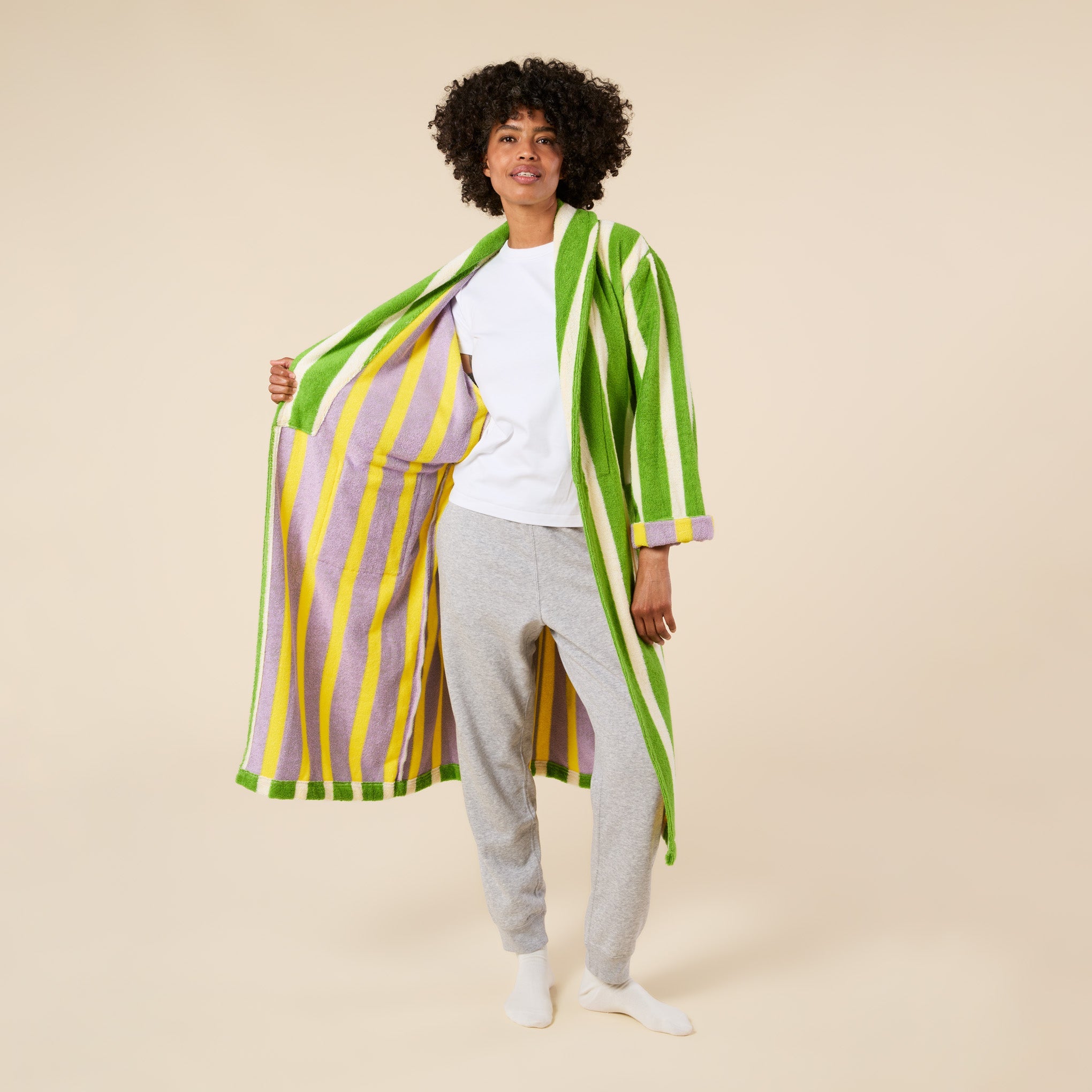 Dusen Dusen Striped Bathrobe - Green/ Lavender