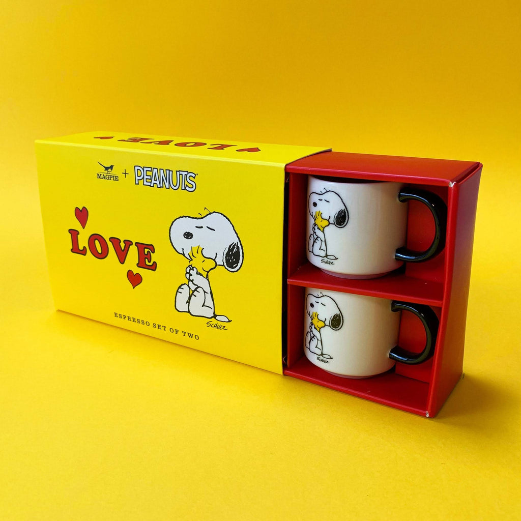 Snoopy Love Stacking Stoneware Espresso Cups &amp; Saucers - Set of 2
