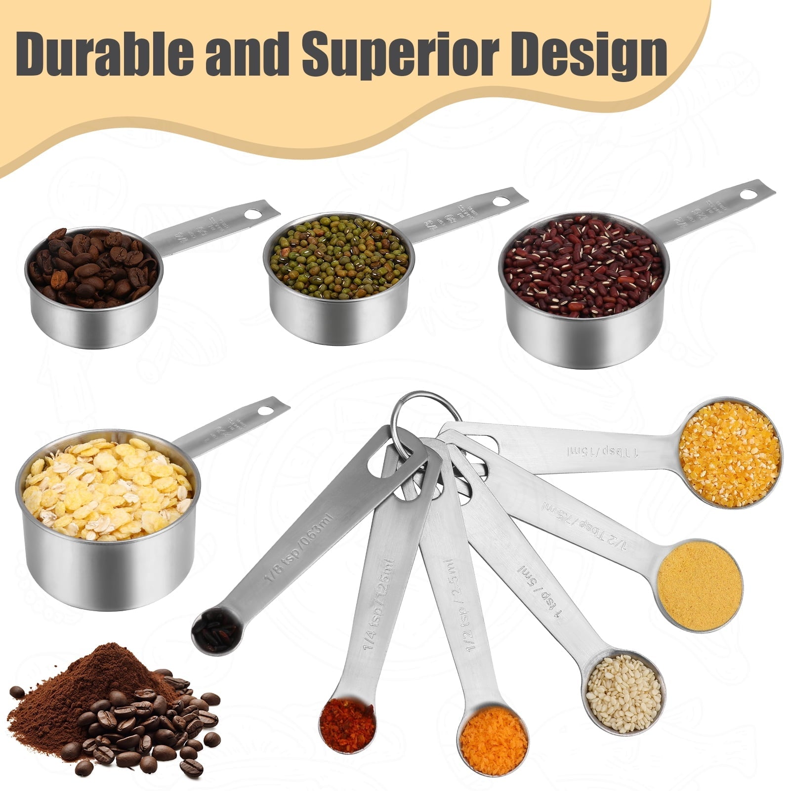 14-Piece Measuring Cups and Spoons Set, Nesting Stainless Steel Measuring Cups Spoons with Plastic Measuring Cup for ...
