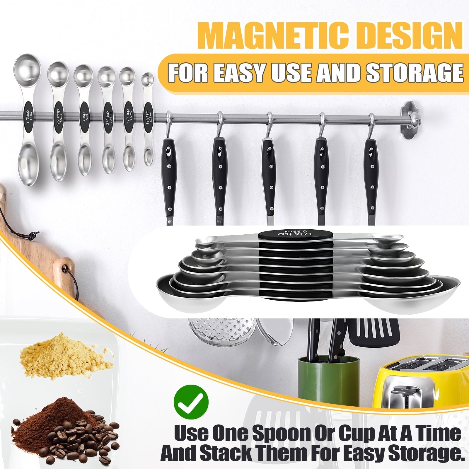 17 Pieces Measuring Cups and Magnetic Measuring Spoons Set Stainless Steel, 8 Measure Cups with Silicone Handle...