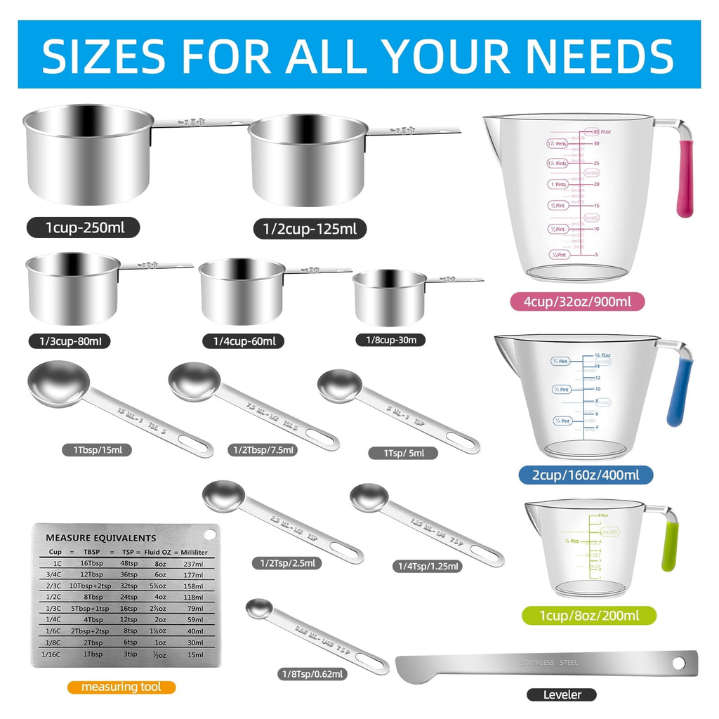 16-Piece Measuring Cups and Spoons Set, Nesting Stainless Steel Measuring Cups Spoons with 3 Plastic Measuring Cup 3 ...