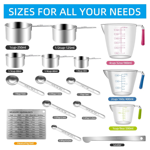 16-Piece Measuring Cups and Spoons Set, Nesting Stainless Steel Measuring Cups Spoons with 3 Plastic Measuring Cup 3 ...