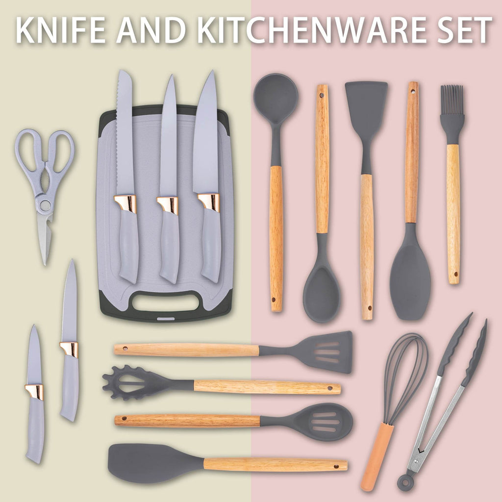 19-Piece Silicone Kitchen Utensil & Knife Set - Heat-Resistant Cooking Tools Non-Stick Safe Gift for Mom or Wo...