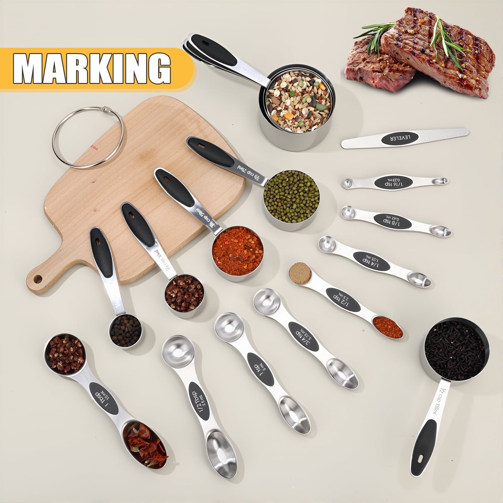 17 Pieces Measuring Cups and Magnetic Measuring Spoons Set Stainless Steel, 8 Measure Cups with Silicone Handle...