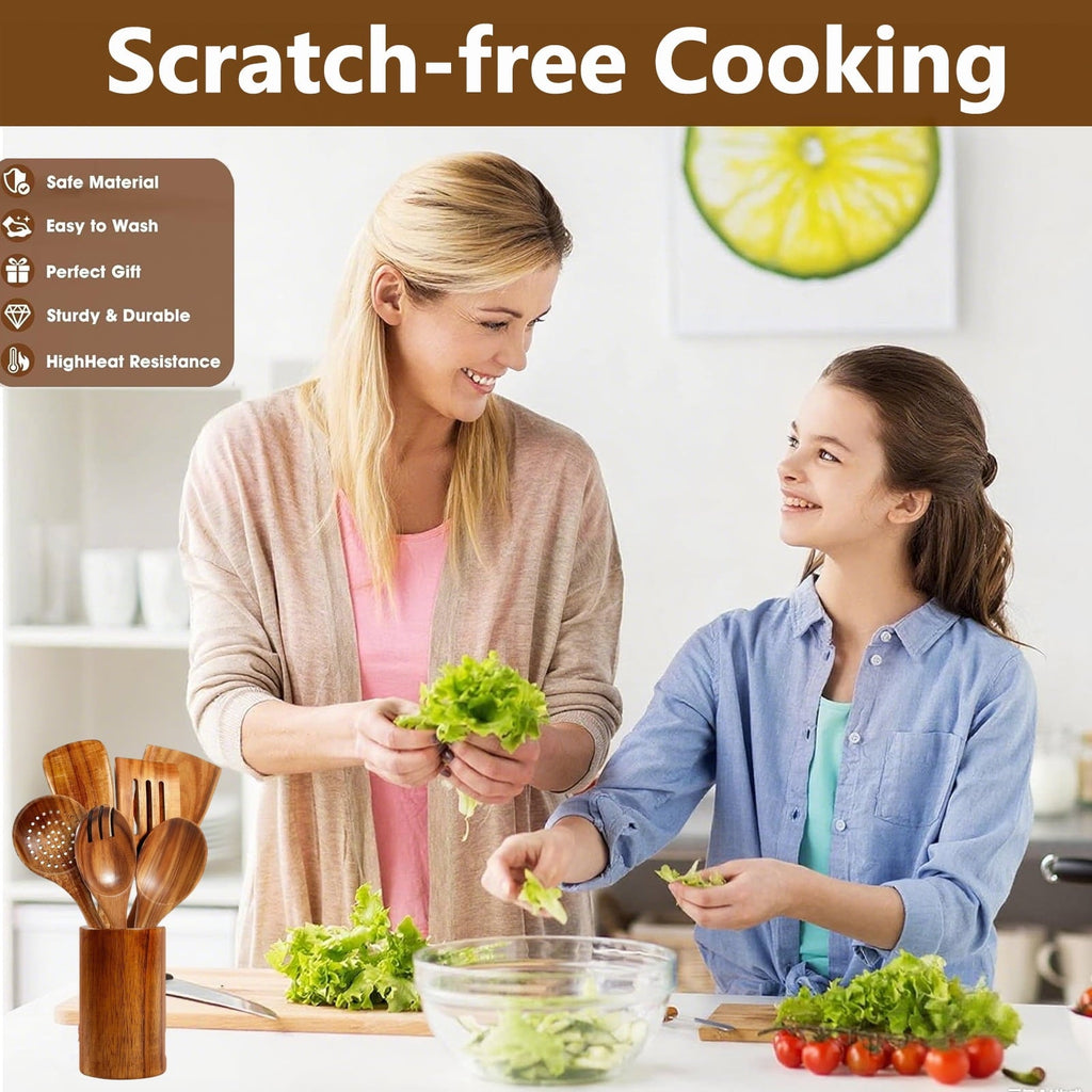 Wooden Spoons for Cooking, 8 Pcs Natural Teak Wooden Utensils Set, Non-Stick & Heat Resistant Durable Wood ...