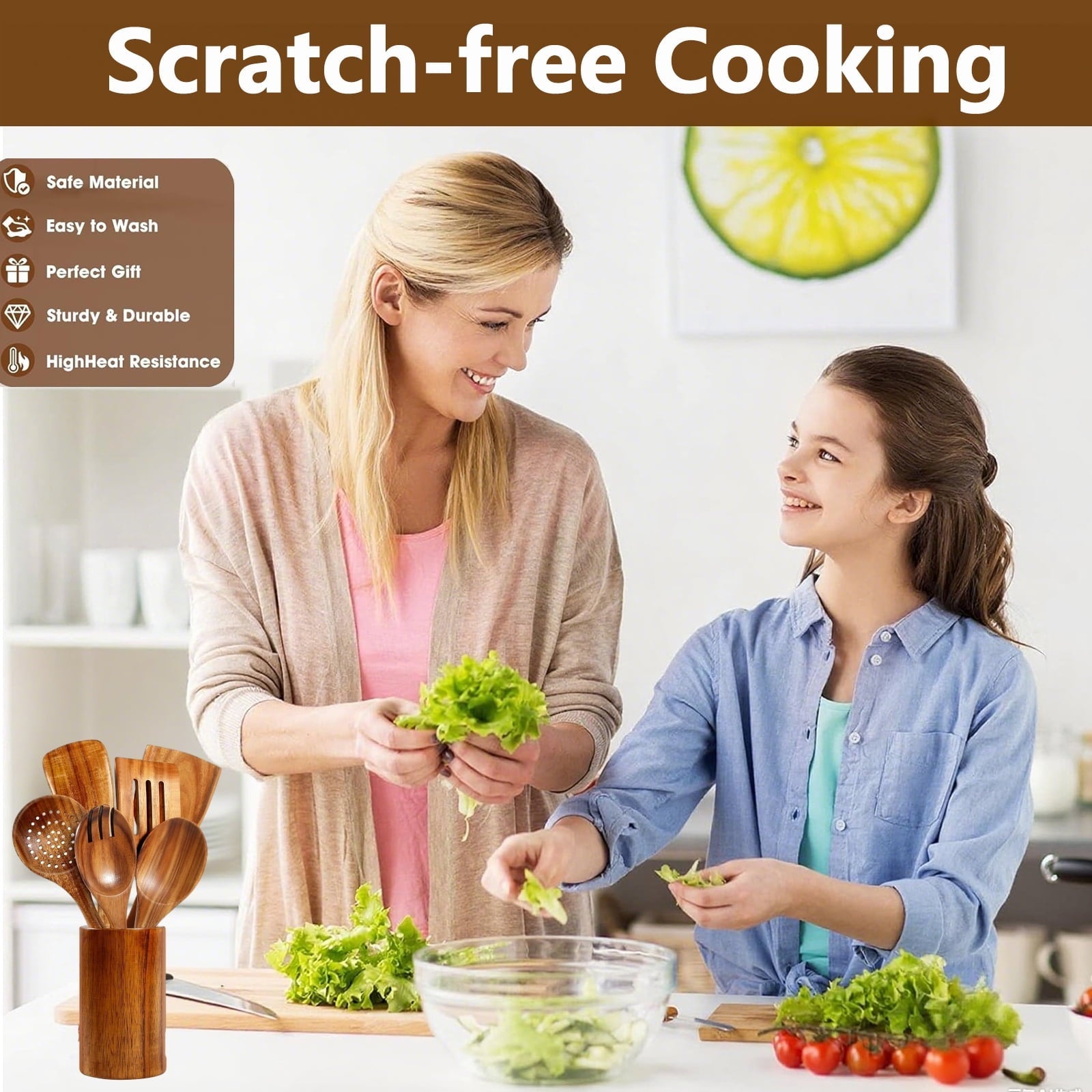Wooden Spoons for Cooking, 8 Pcs Natural Teak Wooden Utensils Set, Non-Stick & Heat Resistant Durable Wood ...
