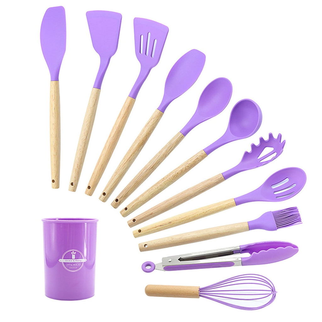 12Pcs Cooking Kitchen Utensils Set with Holder,Wooden Handles Cooking Tool,BPA Free,Non Toxic Turner Tongs Spa...