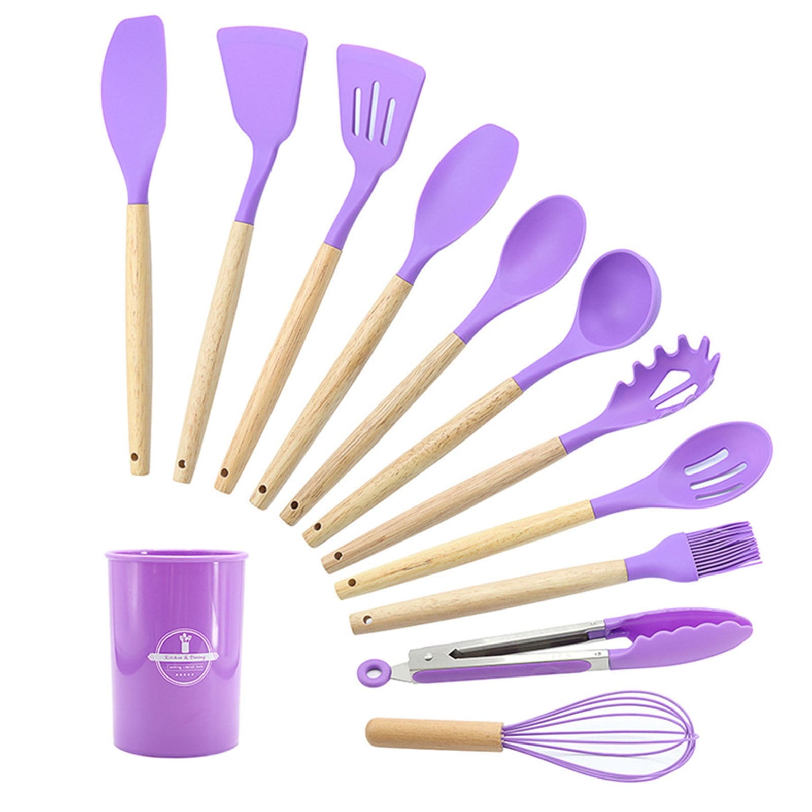 12Pcs Cooking Kitchen Utensils Set with Holder,Wooden Handles Cooking Tool,BPA Free,Non Toxic Turner Tongs Spa...