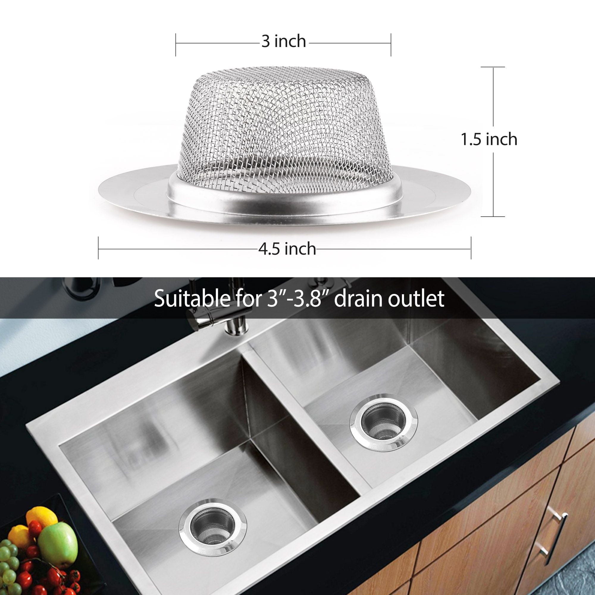 2 Kitchen Sink Strainer, 4.5 in Stainless Steel Mesh Drain Strainer, Silver
