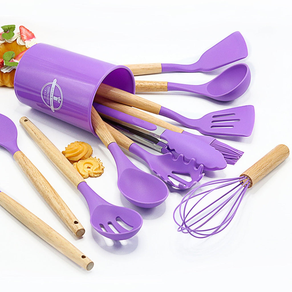 12Pcs Cooking Kitchen Utensils Set with Holder,Wooden Handles Cooking Tool,BPA Free,Non Toxic Turner Tongs Spa...