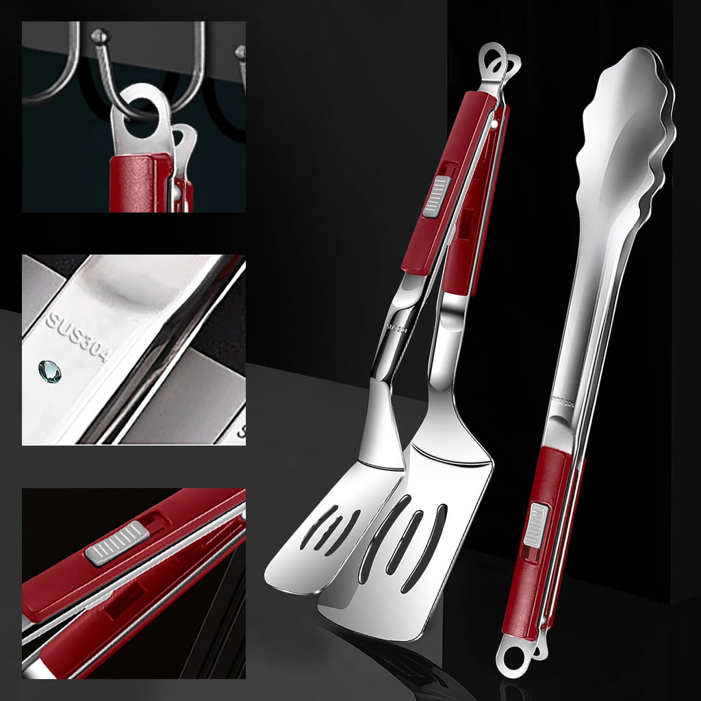 Tongs, Stainless Steel Spatula Tongs for Cooking, Grilling, Salad, 2 Pcs Turner Tong Set, 12"(Red)
