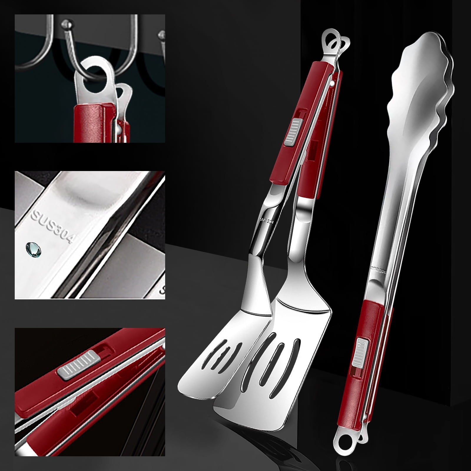 Tongs, Stainless Steel Spatula Tongs for Cooking, Grilling, Salad, 2 Pcs Turner Tong Set, 12"(Red)
