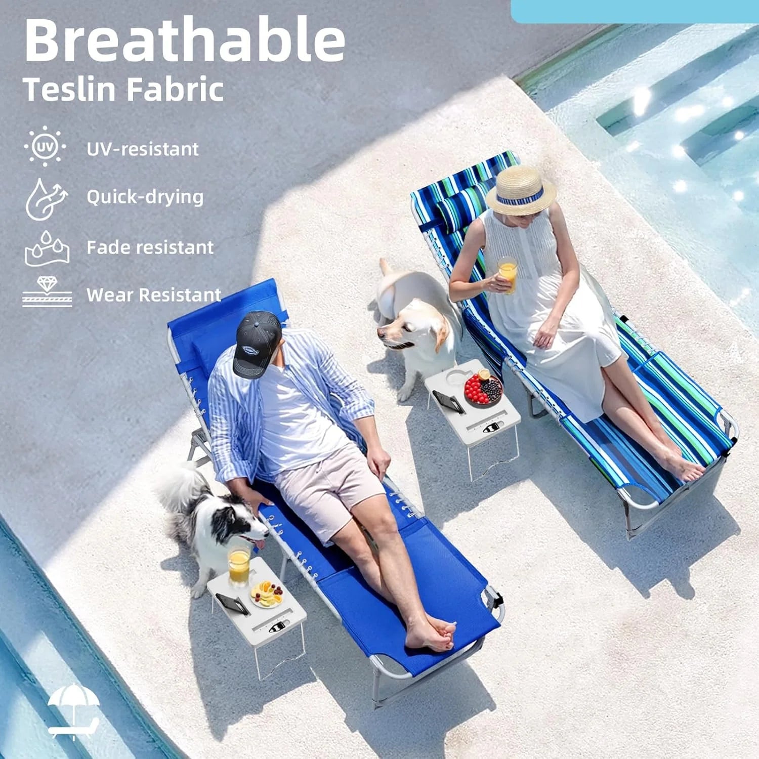 3-in-1 Outdoor Sun Tanning Lounge Chair with Face Hole 5-Position Recliner, Folding Side Table &amp; Removable Pillow, 330lbs Capacity, Blue