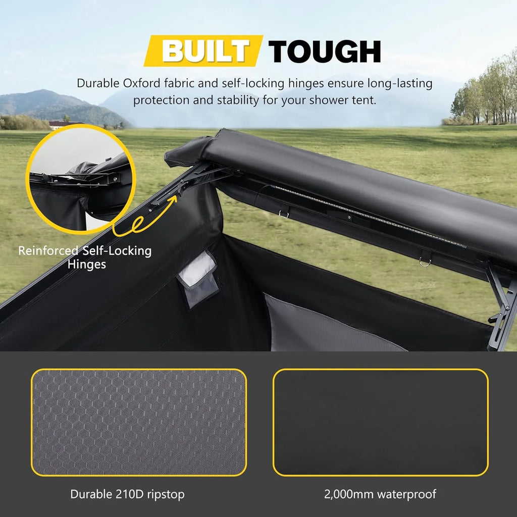 BUNKER INDUST Vehicle Side Shower Tent with Roof, Portable Outdoor Camping Privacy Shower Room Waterproof Awning, Built-in LED Light for Night, Black
