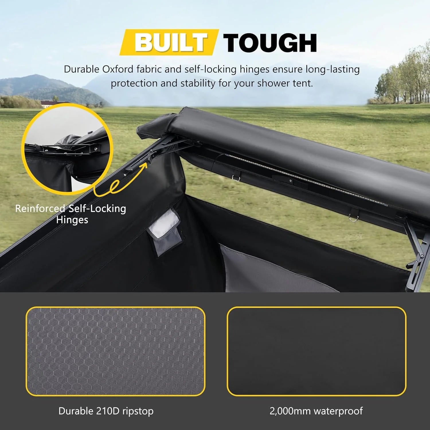 BUNKER INDUST Vehicle Side Shower Tent with Roof, Portable Outdoor Camping Privacy Shower Room Waterproof Awning, Built-in LED Light for Night, Black
