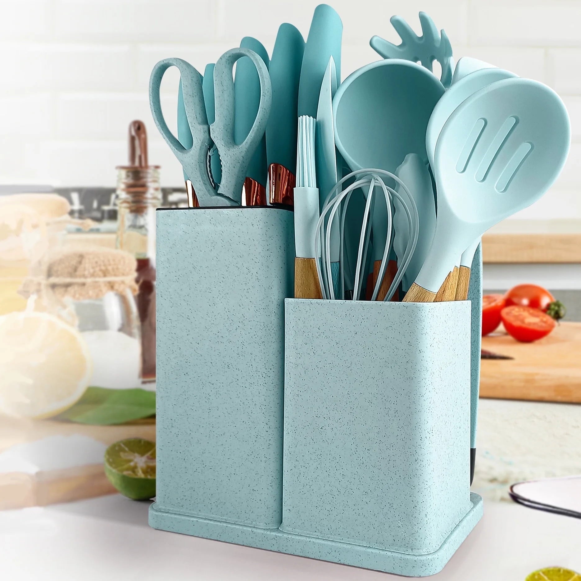 Silicone Kitchen Cooking Utensils Set, 19 Pieces Utensil with Holder, Heat Resistant, Green