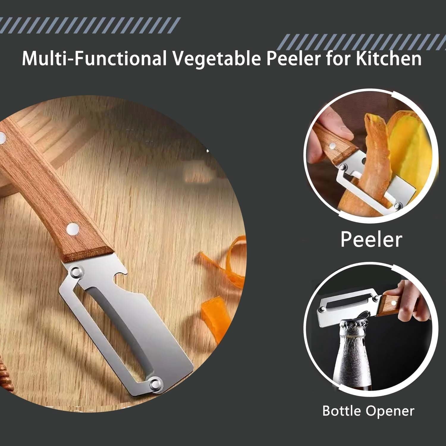 Vegetable Peeler for Kitchen | Non-Slip Wooden Handle & Bottle Opener with Stainless Steel Blade for...