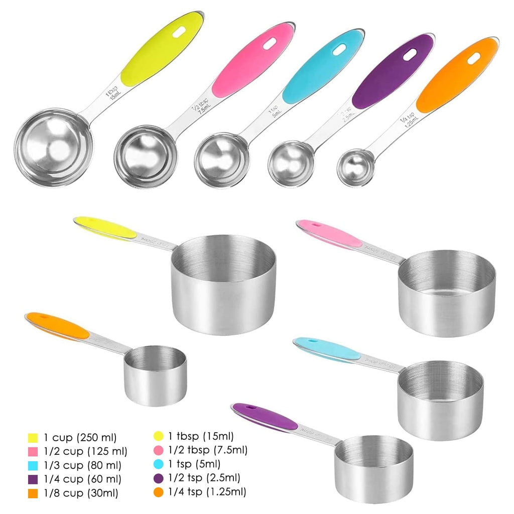 Stainless Steel Measuring Cups and Spoons Set, 10 Piece Measuring Spoons and Cups with Soft Silicone Handles...