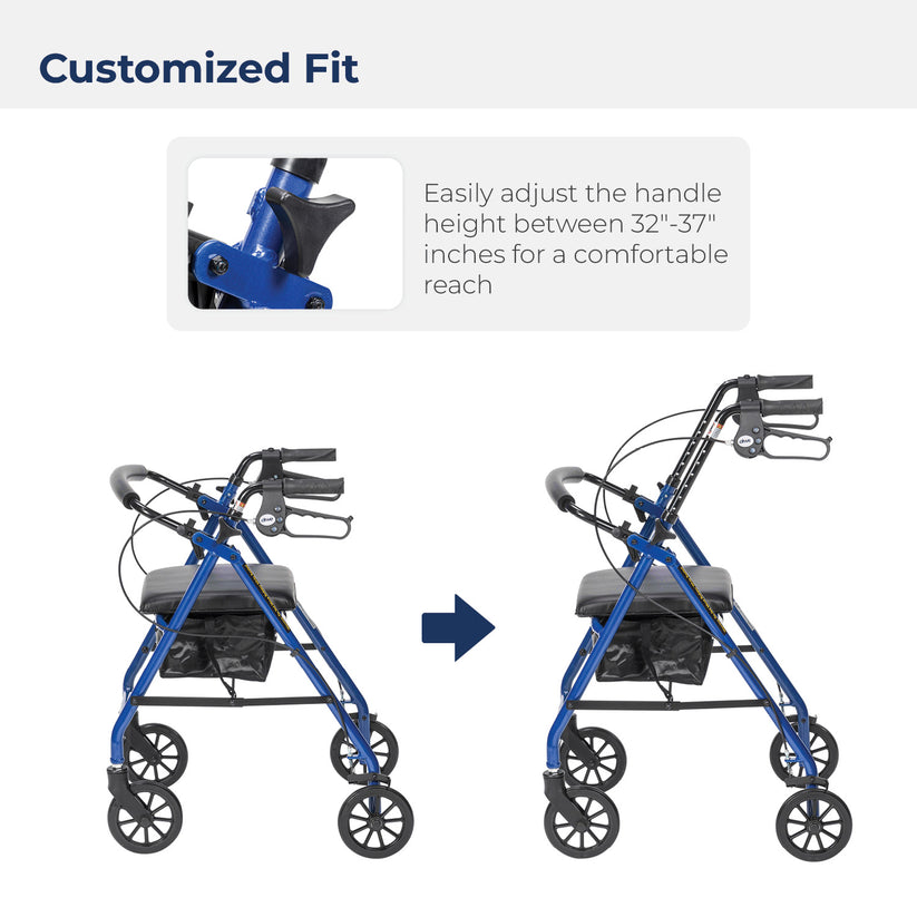 Drive Medical 4-Wheel Rollator Walker, Foldable, Padded Seat &amp; Backrest, 6-Inch Wheels, Blue