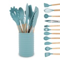 Small Silicone Cooking Utensils with Holder Set (12Pack), Aqua Kitchen Tools with Wooden Handle for Nonstick...