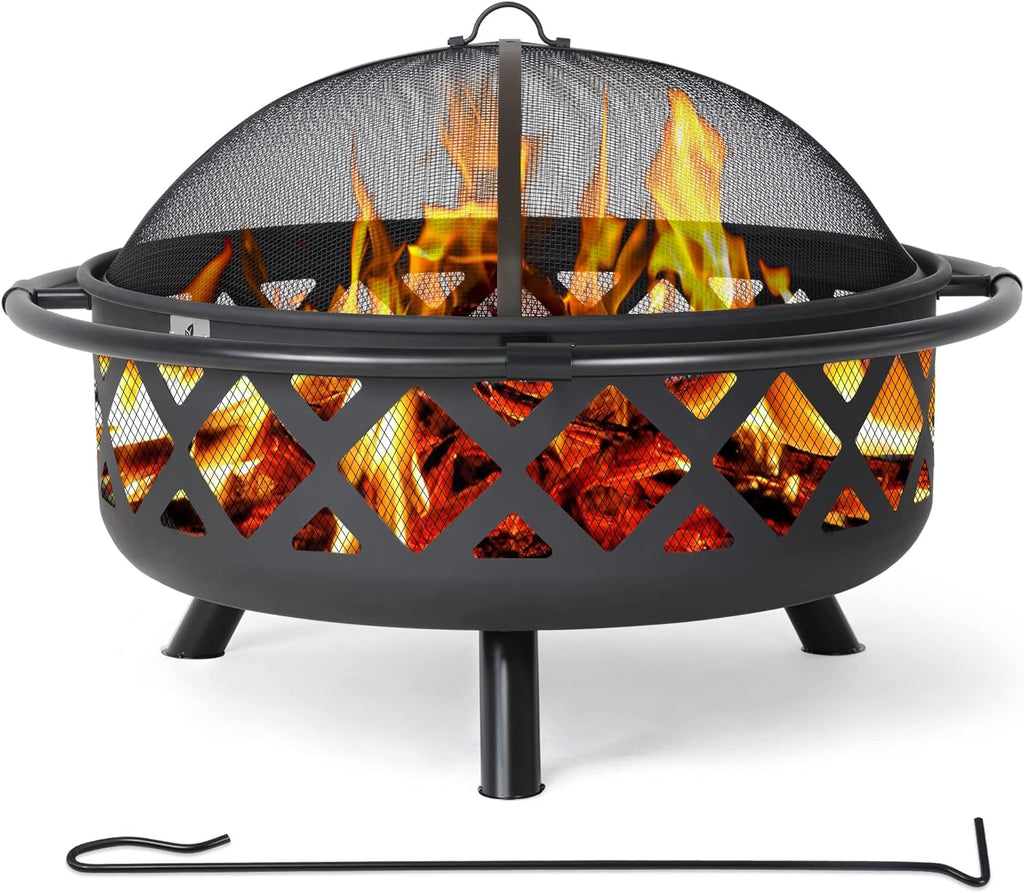 SUNCREAT 42” Patio Fire Pit Wood Burning with Mesh Spark Screen, Bonfire Outdoor firepit with Fireplace Poker, Black