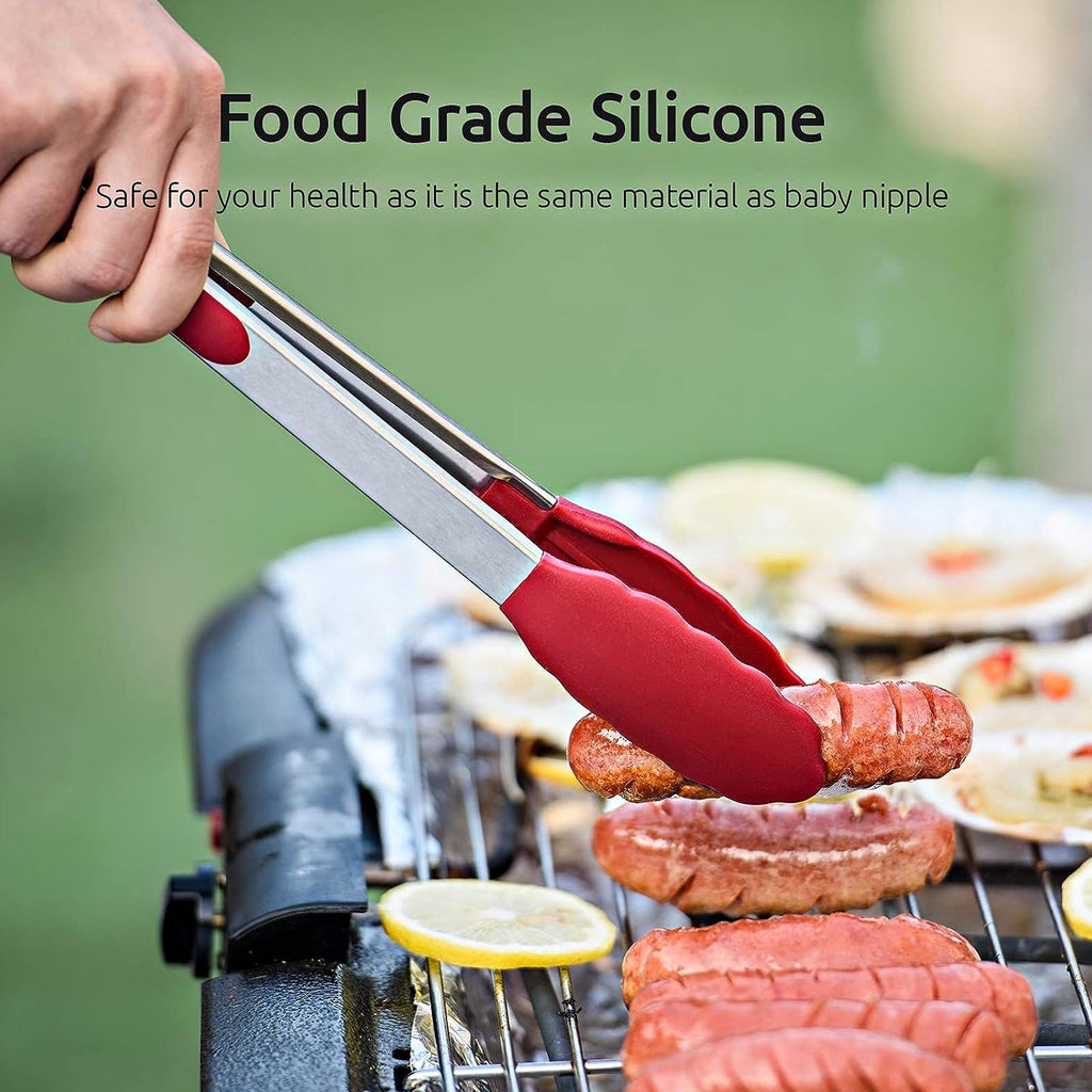Stainless Steel Kitchen Locking Cooking Tongs with Silicone Tips,Set of 3-7" 9" 12", Red