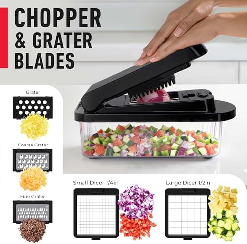 10-in-1, 8 Blade Vegetable Chopper, Mandoline Slicer, Onion Mincer, Cutter, Dicer, Veggie Chopper with Con...