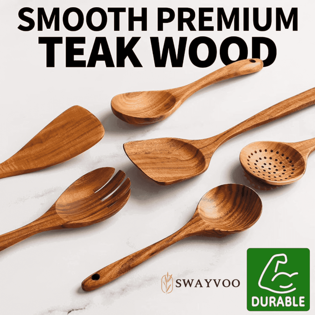 Wooden Spoons for Cooking, 6-Piece 100% Natural Teak Wooden Utensils for Cooking — Heat Resistant, Non-Stick ...