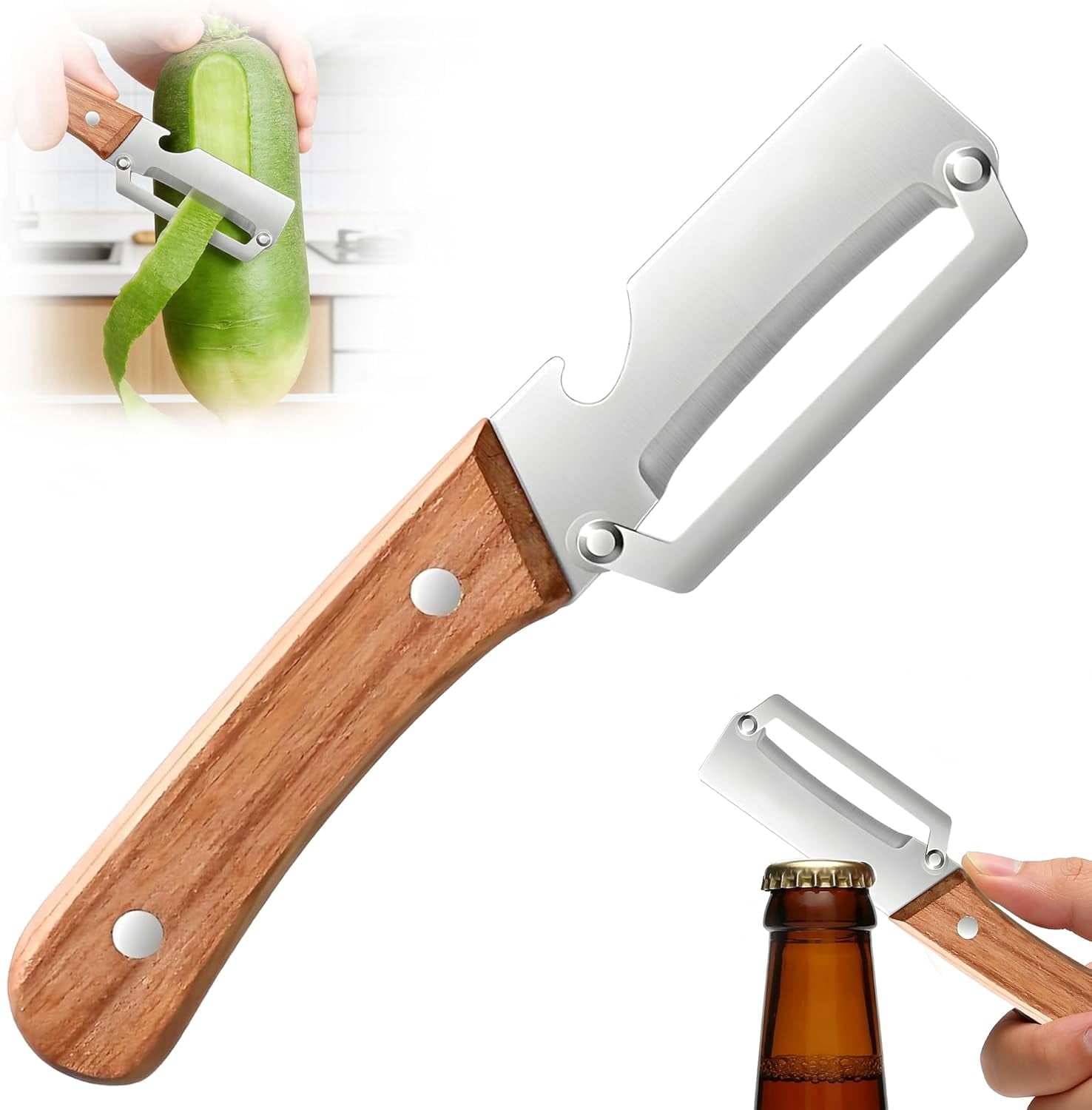Vegetable Peeler for Kitchen, Stainless Steel Blade with Wooden Handle and Built-In Bottle Opener, f...