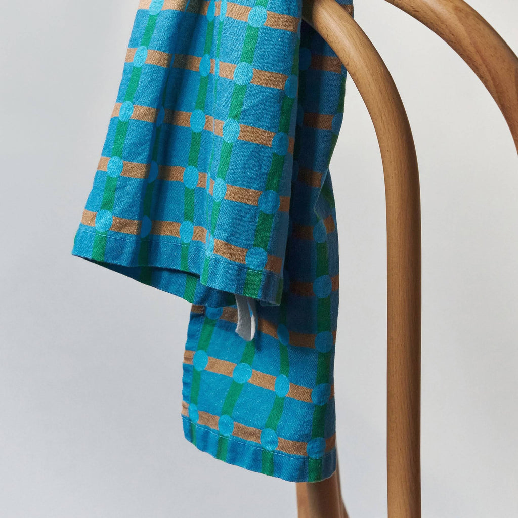 Dot Check Linen &amp; Cotton Tea Towel - Blue/ Green