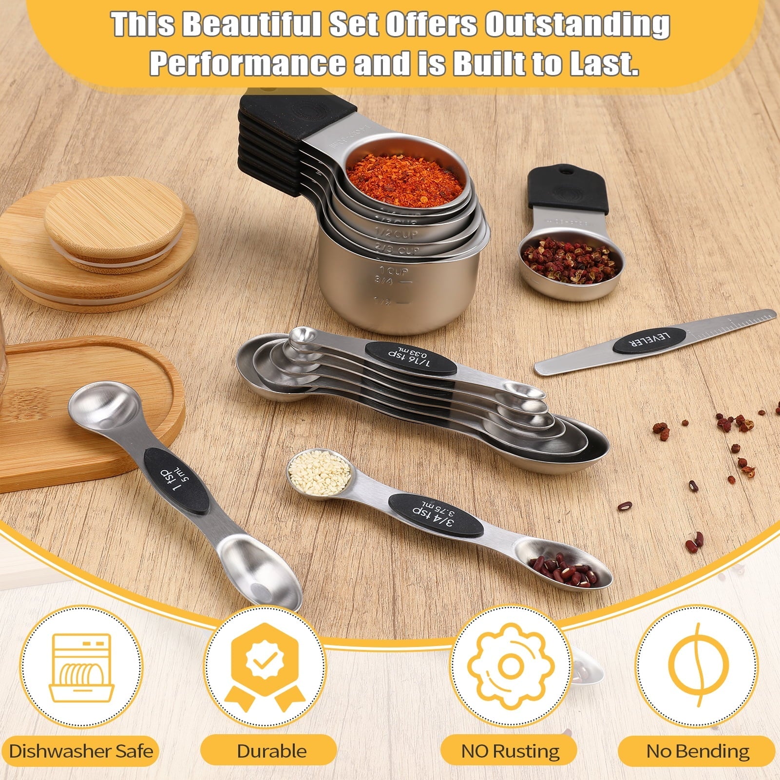 15-Piece Magnetic Measuring Cups & Spoons Set, Stainless Steel with N45 Magnets, Fits Spice Jars for Baking &...